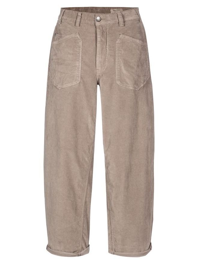 Beige Cordhose mit zwei großen hinteren Taschen und aufgebügeltem Saum.