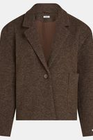 Eleganter olivfarbener Tweed-Blazer mit Knopfverschluss und kurzem Schnitt.