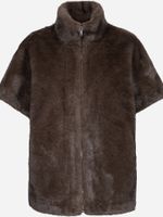 Dunkelbrauner, flauschiger Faux-Fell-Bomberjacke mit Reißverschluss und hochgestelltem Kragen.