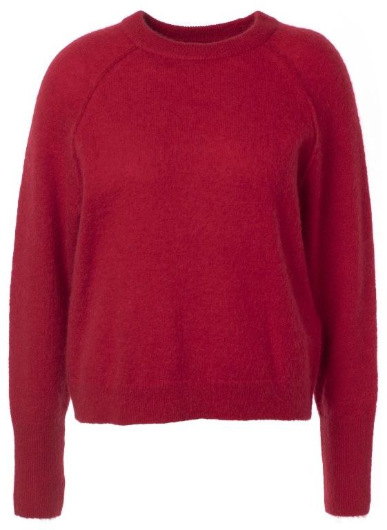 Rotes, rundes Rollkragenpullover aus weichem Strickmaterial, kurz geschnitten.