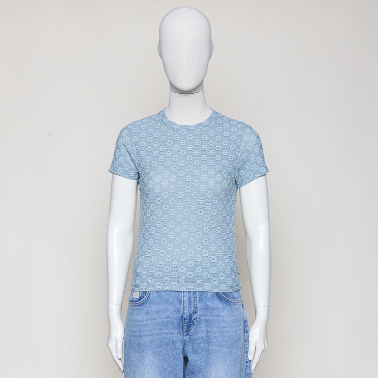 open structure slim-fit T-shirt hellblau