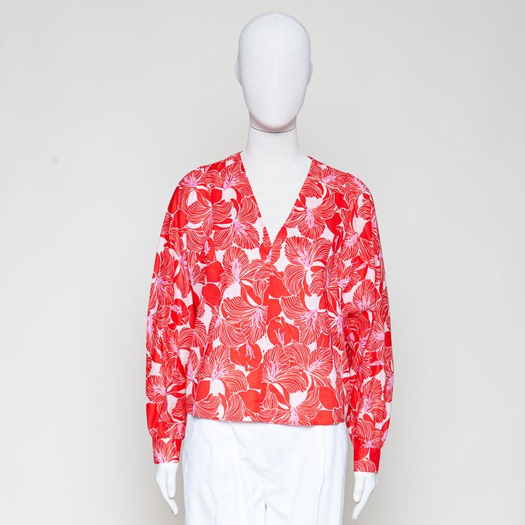 Bluse mit Kräuseln GOTS rosa/rot geblümt