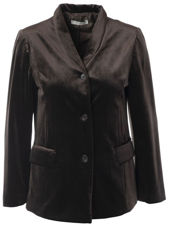 Eleganter dunkelbrauner Veloursmantel mit Stehkragen und zwei Knopfleisten.