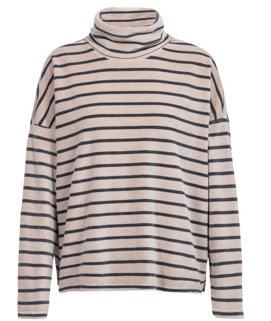 Beige-blau gestreifter Turtleneck-Pullover mit langen Ärmeln.