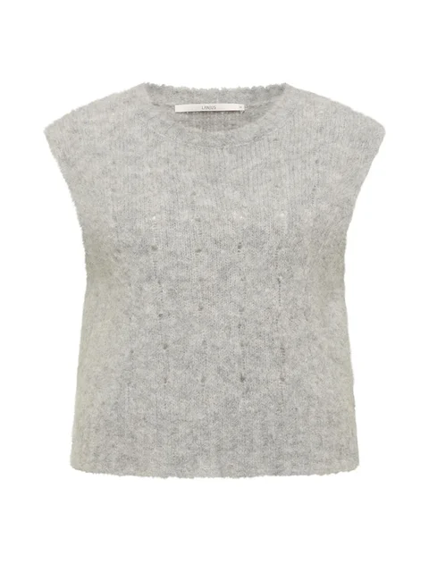Hellgraues, kurzärmliges, eng anliegendes Sweater-Top mit Rundausschnitt.