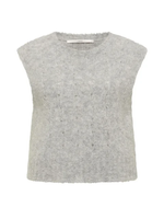 Hellgraues, kurzärmliges, eng anliegendes Sweater-Top mit Rundausschnitt.