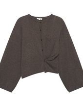 Grauer oversized Cardigan mit asymmetrischen Ärmeln und zwei Knopfleisten.