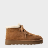 Beige Ugg-Stiefel mit Fellfutter und Schnürung, gemütlich und warm.