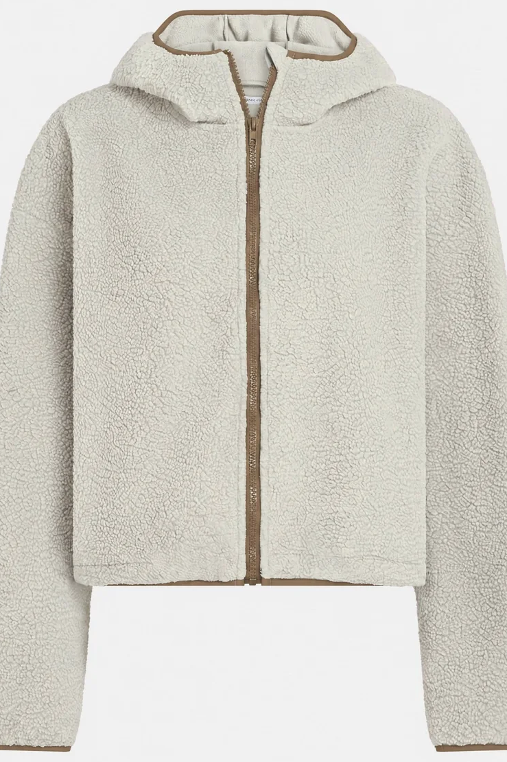 Hellbeiger Frottee-Hoodie mit Reißverschluss und Kapuze, weich und oversized.