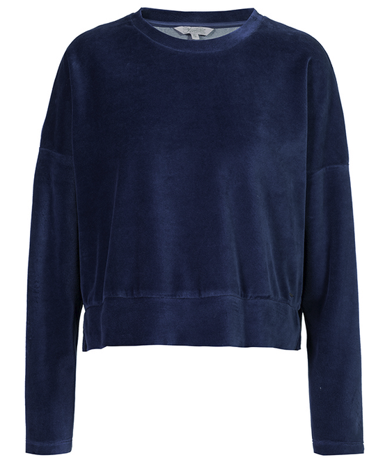 Dunkelblauer oversized Cropped-Sweater mit Rundausschnitt und langen Ärmeln.