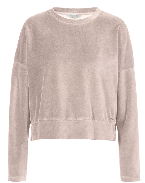 Hellbeiges, langärmliges Croptop mit weitem Schnitt und leicht ausgewaschenem Stoff.