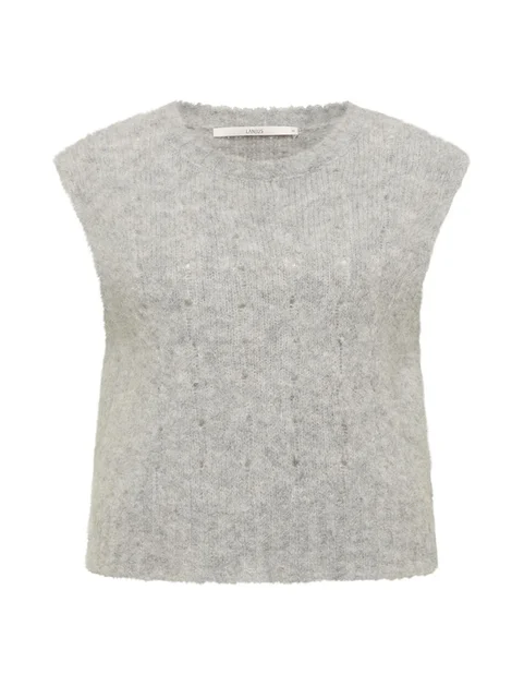 Hellgraues, kurzärmliges, eng anliegendes Sweater-Top mit Rundausschnitt.