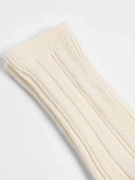 Weiße, gestrickte Socken mit vertikalen Rippenmustern.